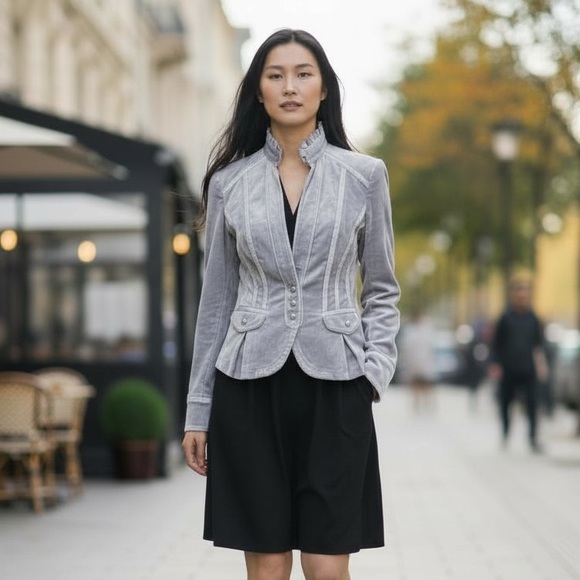 White House Black Market Grey Velvet Ribbon Trim Blazer, Jacket, Women’s 4 - Picture 2 of 13